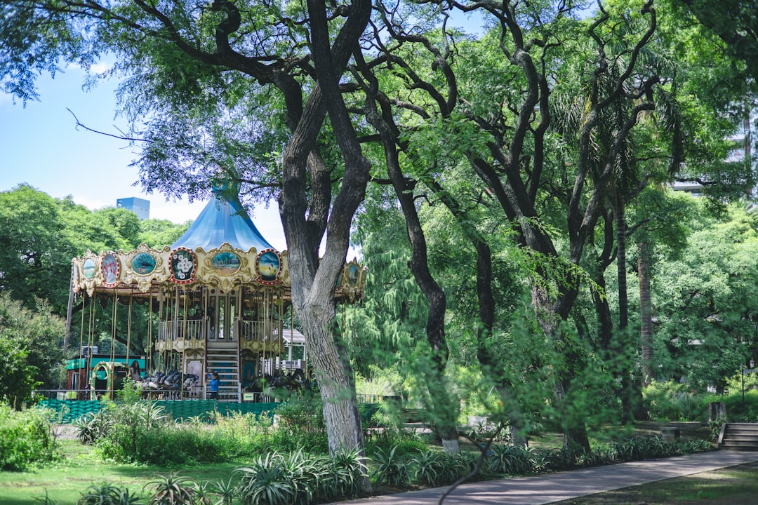 A carousel in a lush green park setting.
